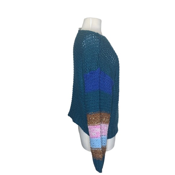 Heartloom Women’s Large Open Knit Sweater Teal Multi Color Block Sleeves Boho - Picture 7 of 9
